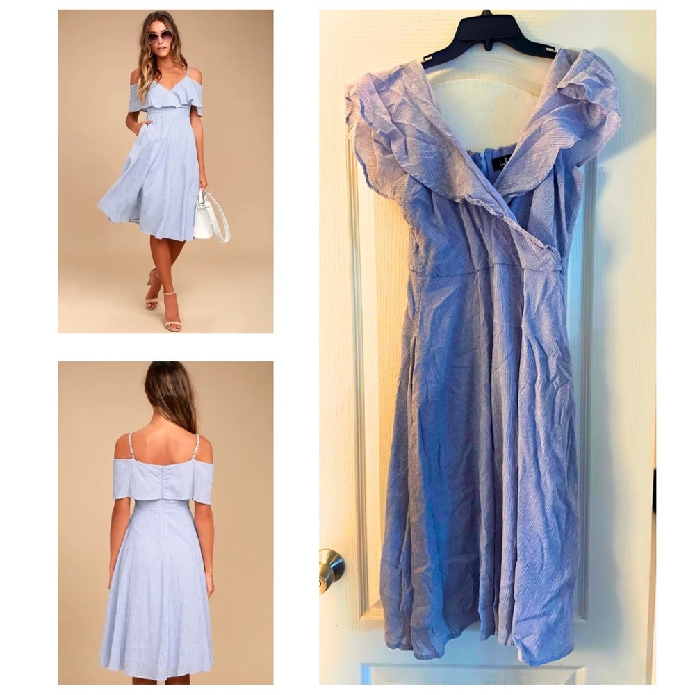 Lulus Yacht Rock Blue and White Striped Off-the-Shoulder Midi Dress (Size XL)